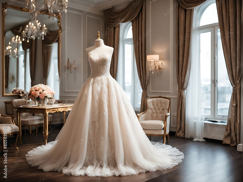 A beautiful, stylish wedding dress or bridal dress hanging on a mannequin in a luxury boutique. Fashion look. Interior of bridal salon design. A beautiful, stylish wedding dress or bridal dress hanging on a mannequin in a luxury boutique. Fashion look. Interior of bridal salon design.