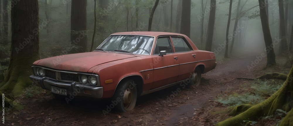 Fototapeta premium Abandoned red car in the forest