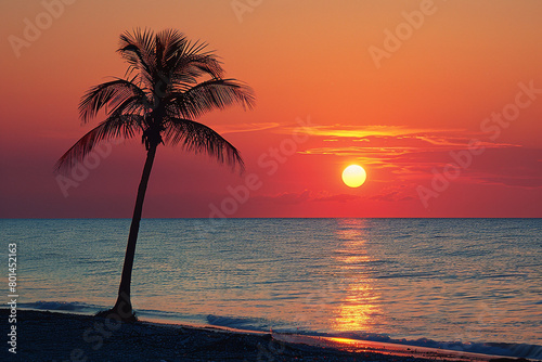 A solitary palm tree silhouetted against a blazing sunset on the beach.