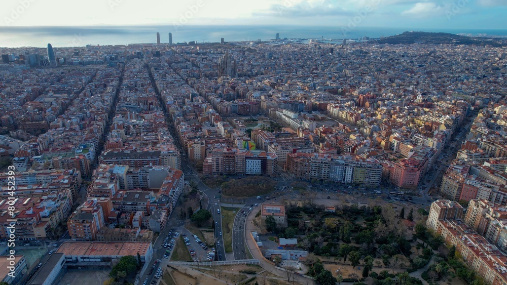 Aerial of the city Barcelona in spain on a sunny morning in spring.