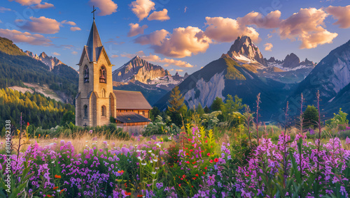 Beautiful mountain village with wooden church and flower garden in summer, Ch Strong golden hour light, colorful sky, french alps.  photo