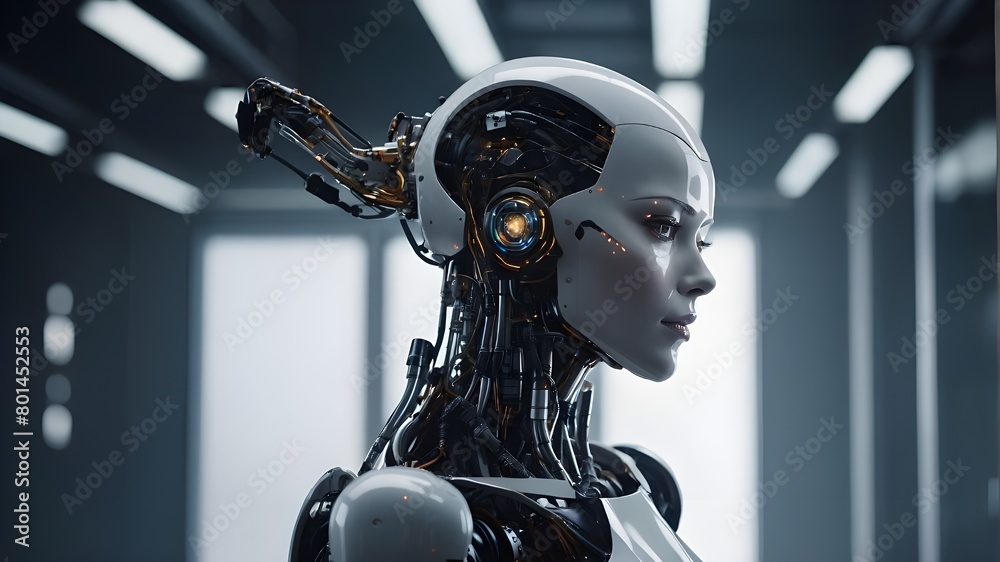 Poster featuring a lady robot with copy space, indicating the use of generative AI Poster featuring a lady robot with copy space, indicating the use of generative AI