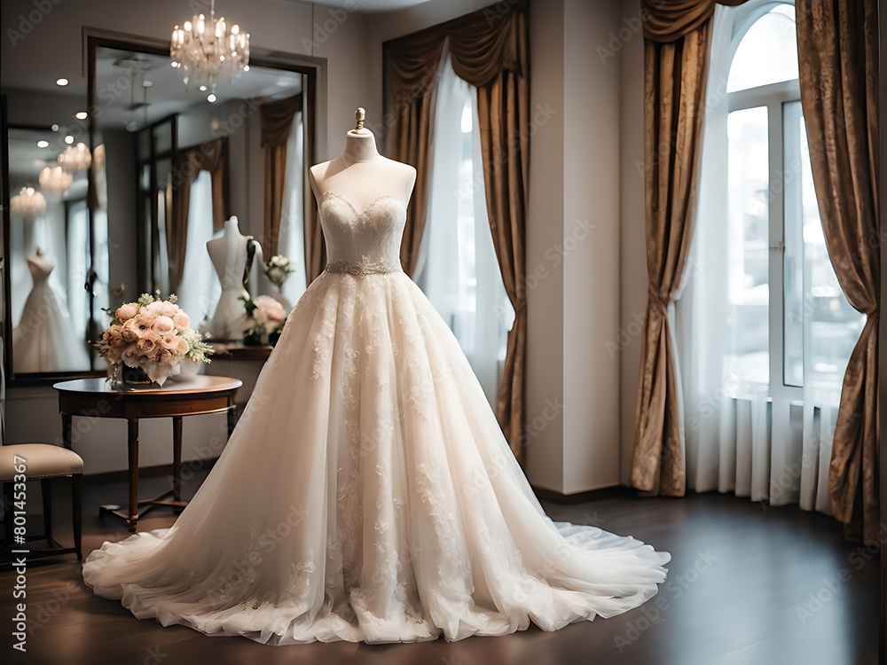 A beautiful, stylish wedding dress or bridal dress hanging on a mannequin in a luxury boutique. Fashion look. Interior of bridal salon design. A beautiful, stylish wedding dress or bridal dress hanging on a mannequin in a luxury boutique. Fashion look. Interior of bridal salon design.