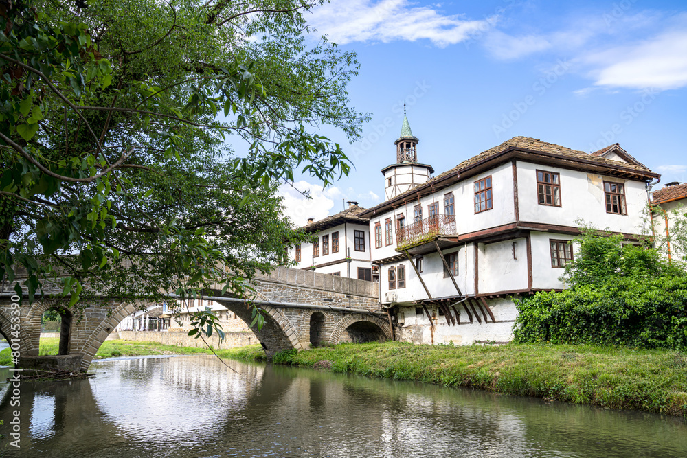 The old bridge and traditional Bulgarian houses in the old town of Tryavna, Bulgaria