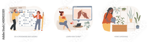 Quarantine leasure activity isolated concept vector illustration set.
