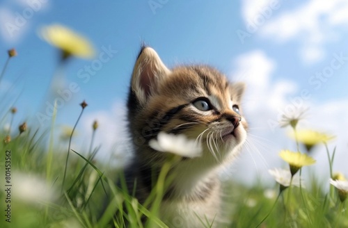 花畑でリラックスするかわいい子猫と青空