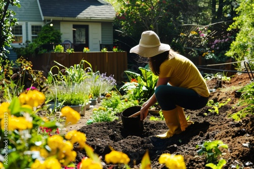 Sustainable Gardening: Woman Enriching Soil with Organic Compost in a Lush Backyard Garden