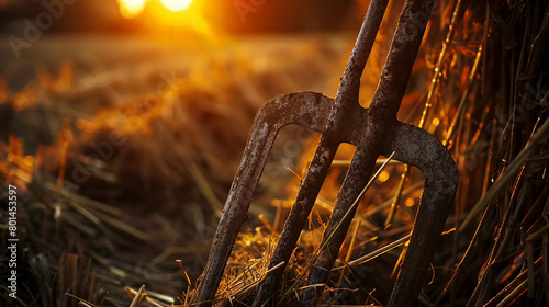 A close-up of a weathered pitchfork resting against a haystack  its tines catching the warm glow of the setting sun.