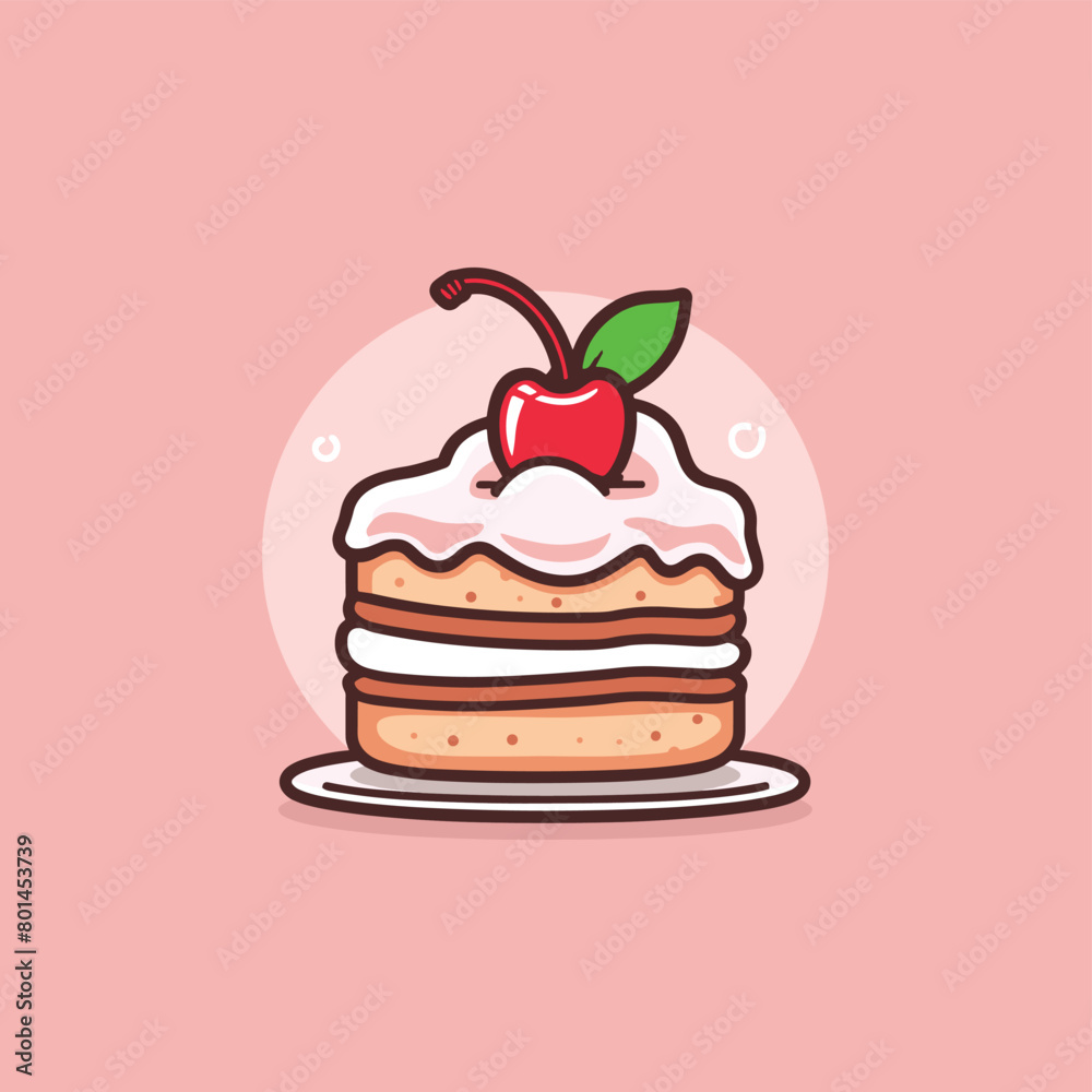 Cute cartoon slice of pink cake vector illustration