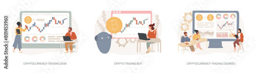 Cryptocurrency market isolated concept vector illustration set.
