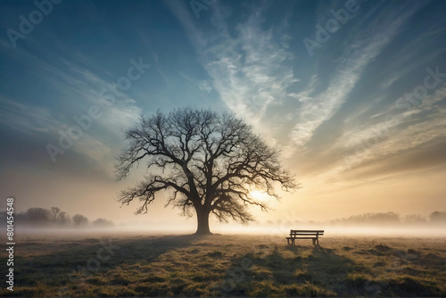 large tree at sunrise, blue sky with veil clouds and a small bench next to it