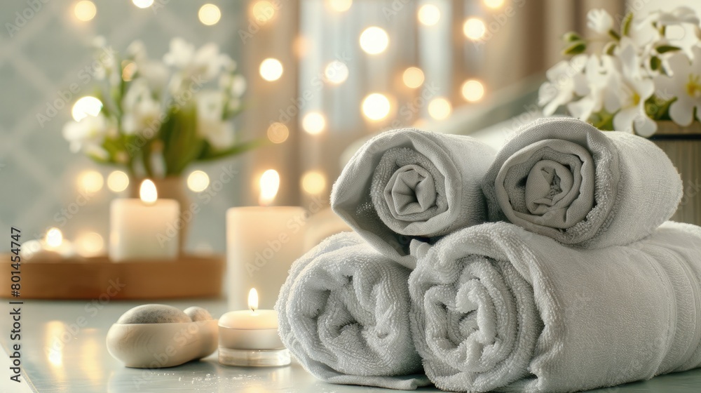 white towels topped with flickering candles, nestled amidst an array of flowers and plants, evoking a serene spa ambiance. white towels topped with flickering candles, nestled amidst an array of flowers and plants, evoking a serene spa ambiance.