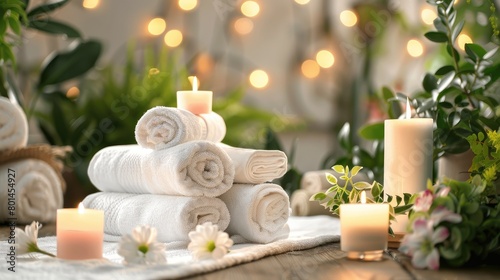 white towels topped with flickering candles  nestled amidst an array of flowers and plants  evoking a serene spa ambiance.
