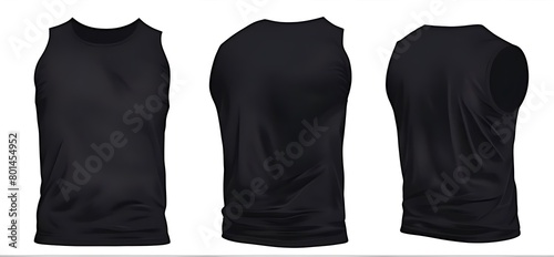  Set of men shirt black front, back and side view sleeveless tee t shirt tank singlet vest round neck on white background cutout. Mockup template for artwork design.  photo