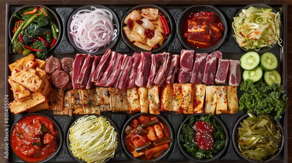 Korean food. Sliced pork, beef, cabbage, dumplings, radish, soy sauce, kimchi and pickled cucumbers in a wooden box. Top view.