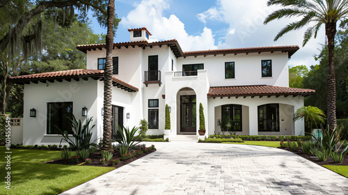 front view of beautiful modern white spanish style home with black windows and dark brown roof, paver driveway in florida during summer with trees, high resolution photography © Clipart Collectors