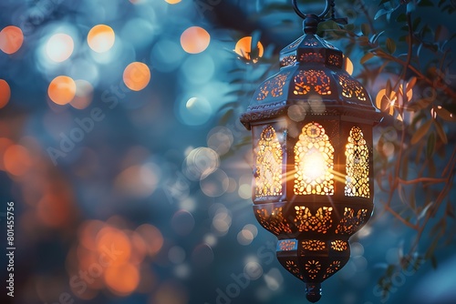 Eid Mubarrak Greetings. Arabic lantern on light bokeh background