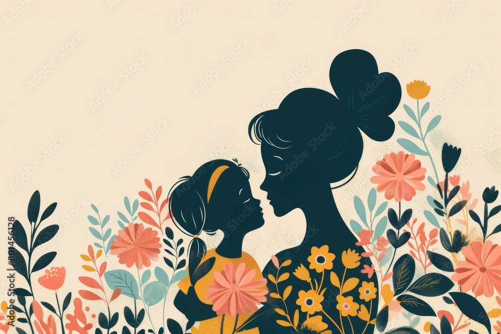 Mother's day card. Mother and daughter are looking at each other on floral field. Generative AI Mother's day card. Mother and daughter are looking at each other on floral field. Generative AI