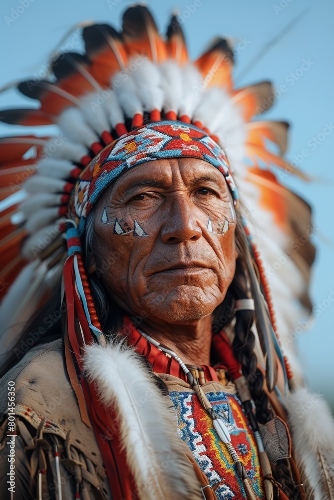 Obraz premium A powerful portrayal of a Native American warrior, adorned in traditional regalia, embodying cultural pride.