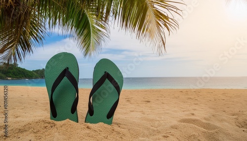 summer holiday background with flip flops and palm tree on sandy beach