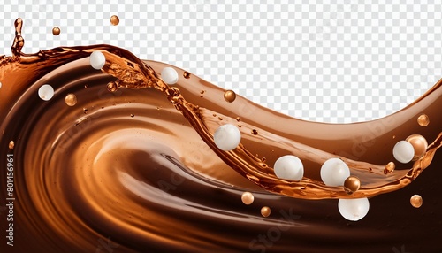 brown cream coffee liquid swirl splash with little foundation bubbles isolated on clear png background liquid fluid element flowing in form of wave with generative ai photo
