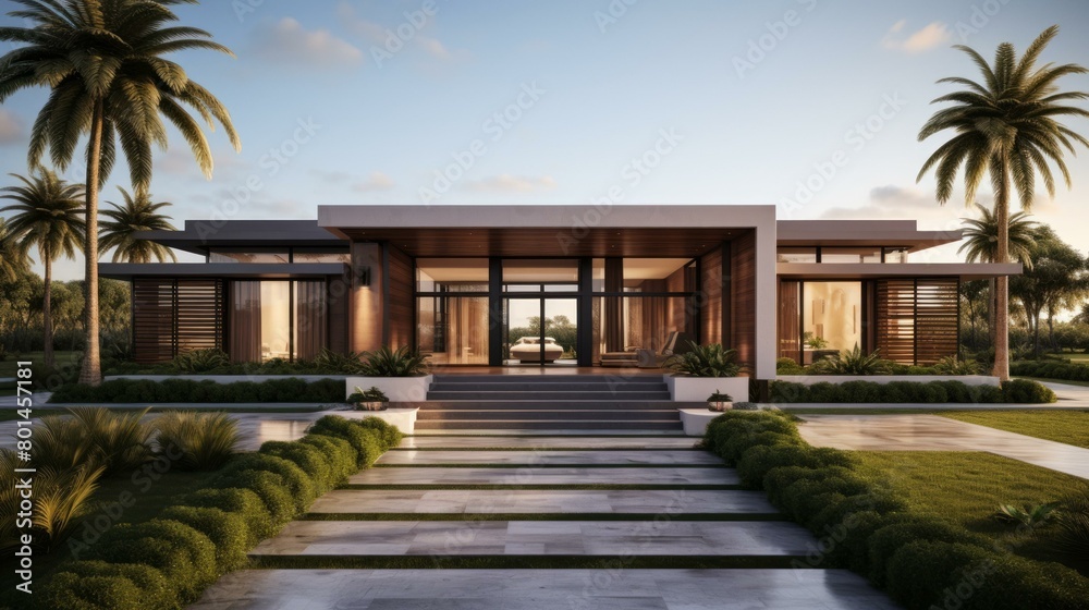 Fototapeta premium Modern minimalist villa with large glass windows and a spacious terrace