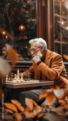 Wallpaper Mural Timeless Grandpa Style: Elder Man in Chic Blazer Playing Chess at Urban Cafe Torontodigital.ca