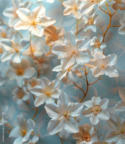White flowers with yellow centers on a pale blue background