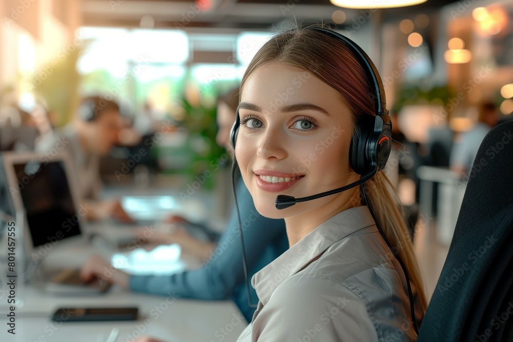 portrait of a beautiful smiling young woman wearing a headset portrait of a beautiful smiling young woman wearing a headset