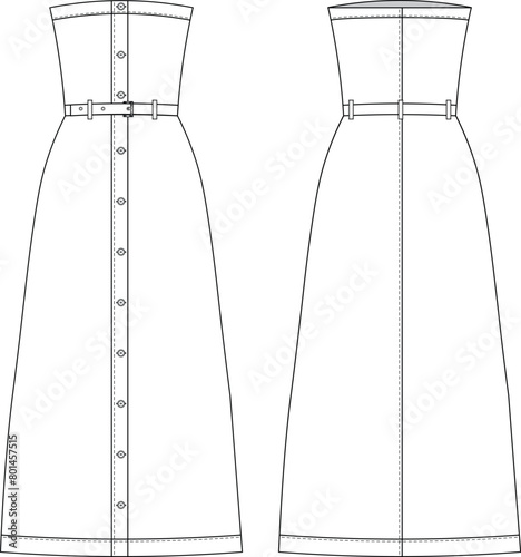 buttoned belted sleeveless strapless long maxi midi a-line shirt dress template technical drawing flat sketch cad mockup fashion woman design style model 