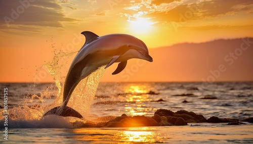 a image beautiful dolphin leaping jumping from shining sunset sea ai generative