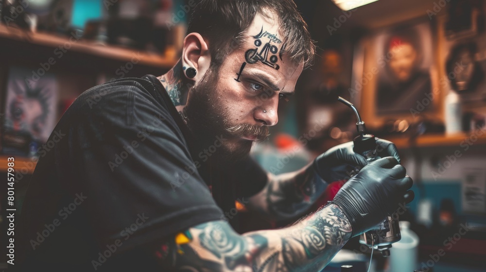 Professional bearded tattoo artist concentrated on tattooing process in modern studio