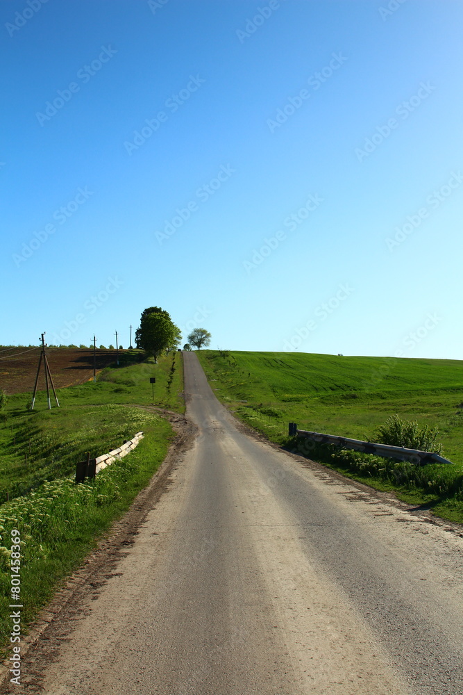 Naklejka premium A road with grass and a blue sky with clouds