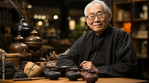 Portrait of a smiling elderly Asian man in a black shirt sitting at a table with teapots and other objects