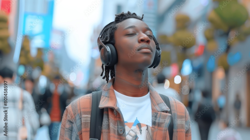 Stylish Young Black Man Experiencing Music in a Street Market: Fusion of Vintage and Modern Fashion