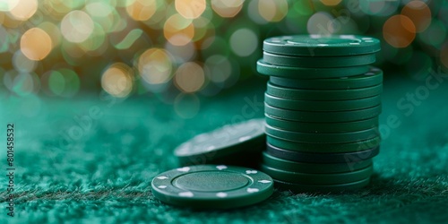 A stack of green casino chips with a blurred background of green and yellow lights photo