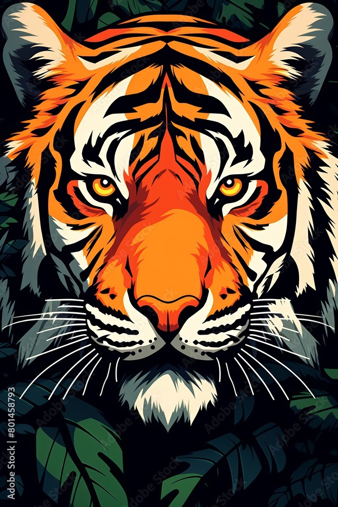 a tiger's face, with a focus on the eyes. The tiger should be in a bright, colorful background, with a variety of colors and patterns. a tiger's face, with a focus on the eyes. The tiger should be in a bright, colorful background, with a variety of colors and patterns.