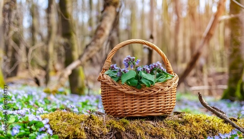 wicker basket with spring flowers of pulmonaria in forest natural background fresh lungwort or pulmonaria flower healing plant of early spring season used in folk medicine when coughing photo