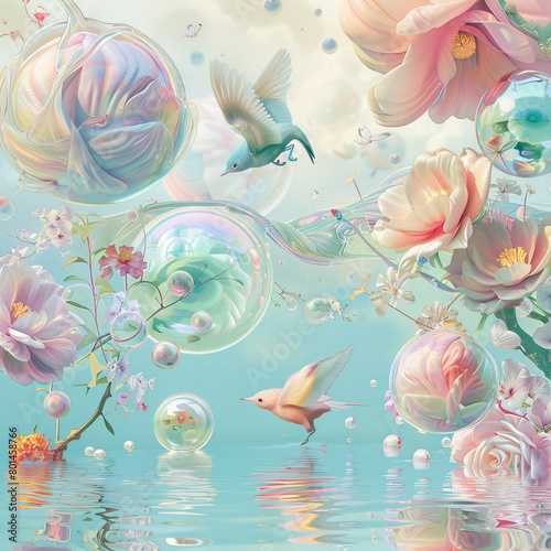 Surreal fantasy illustration of beautiful pastel flowers  birds and colorful glass spheres floating in the water. The artwork is depicted in the style of surrealist artists 