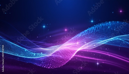blue glow purple pink digital glittering particles wave and light abstract bokeh background with shining dots and stars