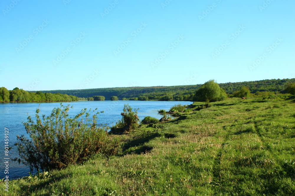 A grassy field with trees and a body of water in the distance A grassy field with trees and a body of water in the distance