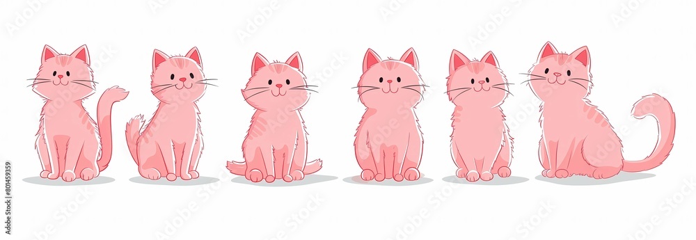 A row of pink cartoon cats isolated on a white background, with a simple flat illustration. The clip art set has a cute and simple design in a pink color palette without shadows A row of pink cartoon cats isolated on a white background, with a simple flat illustration. The clip art set has a cute and simple design in a pink color palette without shadows