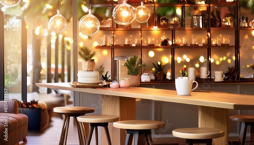 this stunning coffee shop photograph featuring a cozy shelf and table setup perfect for a cafe or restaurant decor the bokeh effect in the background adds a touch of magic to the scene