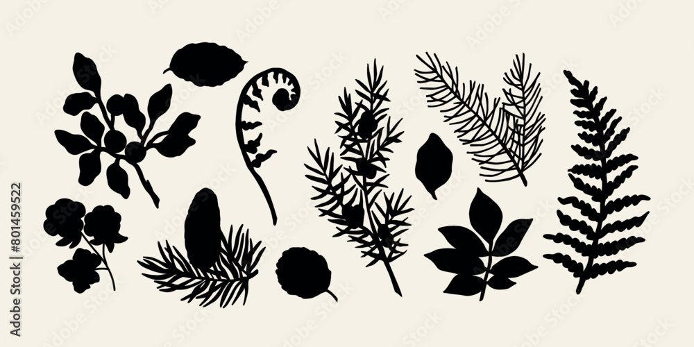Flat vector forest plants and tree branches Flat vector forest plants and tree branches