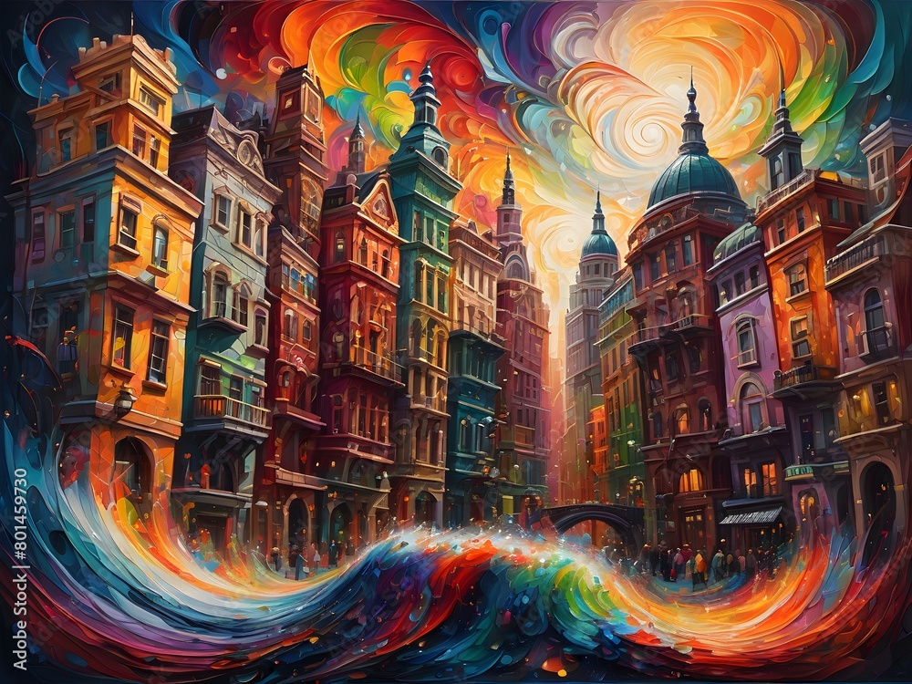 Obraz premium a painting of a city with a lot of buildings and a sign that says town .