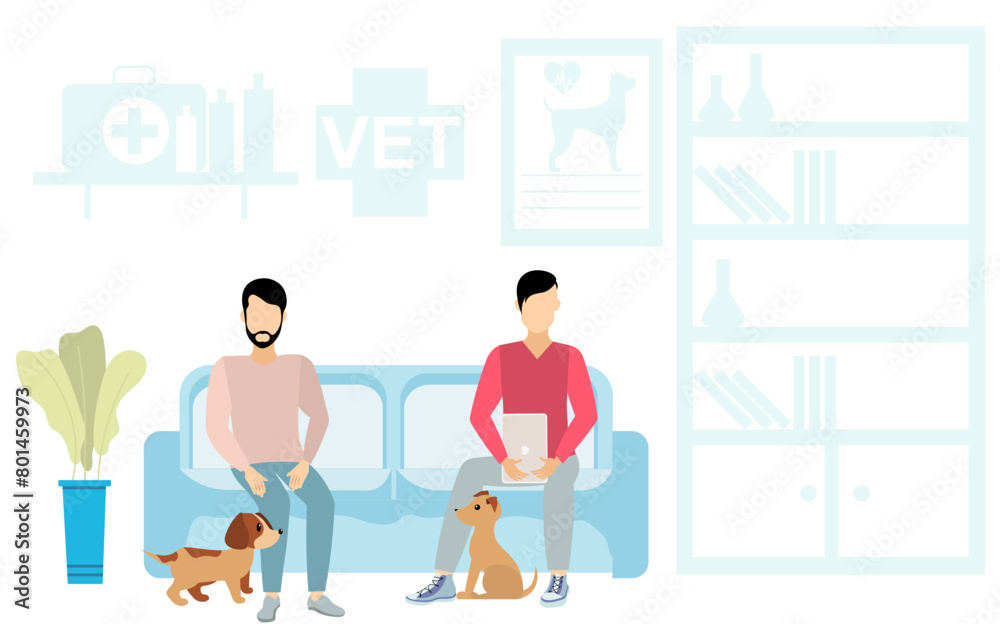 Veterinary. Men and their cute puppies are waiting to see the vet. Medical checkup for domestic animal. Diagnostic for pets. Veterinary clinic illustration.