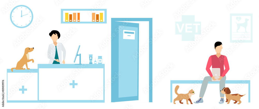 Veterinary. Cute animals are waiting to see a veterinarian. Medical checkup for domestic animal. Diagnostic for pets. Veterinary clinic illustration.