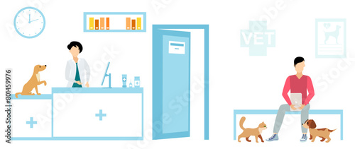 Veterinary. Cute animals are waiting to see a veterinarian. Medical checkup for domestic animal. Diagnostic for pets. Veterinary clinic illustration.