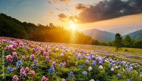 a field of purple and blue flowers with the sun shining through the sky in the middle of the flower field