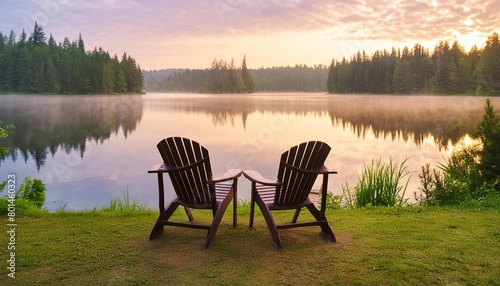 empty twin chairs facing calm lake during sunrise
